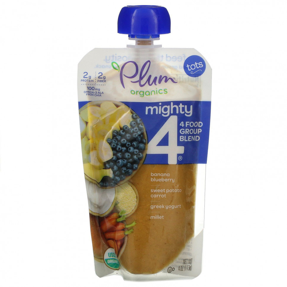 Plum Organics, Mighty 4, смесь 4 Food Group, крупа, банан, голубика, батат, морковь, греческий йогурт, просо, 113 г (4 унции) Плам Органикс PLO-00536
