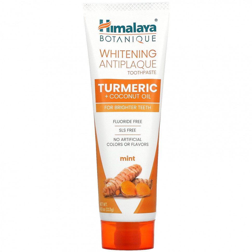 Himalaya, Отбеливающая зубная паста против зубного налета, куркума + кокосовое масло, мята, 4,0 унции (113 г) Хималая Хербал Хэлскэр HIM-06477