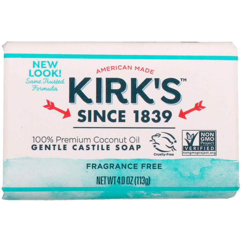 Kirk's, Gentle Castile Soap Bar, Fragrance Free, 4 oz (113 g) Киркс KIR-14900