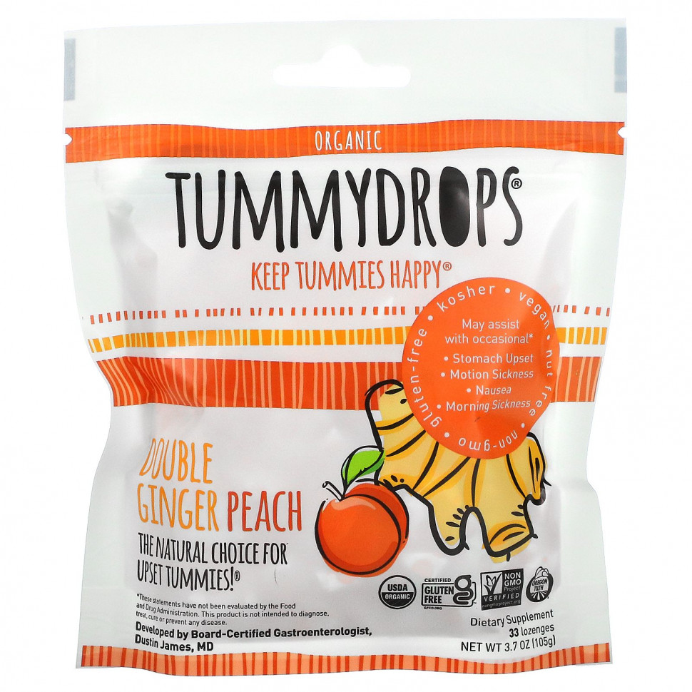 Tummydrops, Organic, двойной имбирь и персик, 33 пастилки, 105 г (3,7 унции) TUM-00334