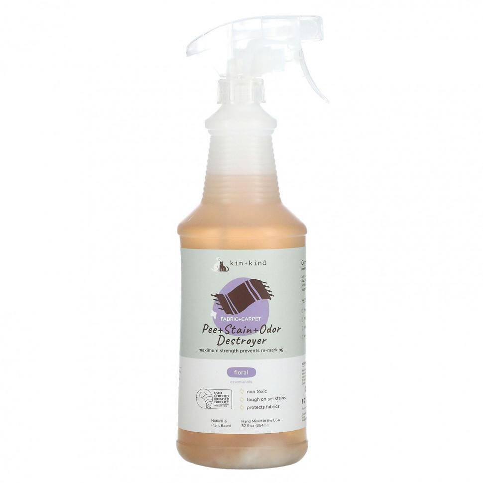 Kin+Kind, Pee + Stain + Odor Destroyer, ткань + ковер, с цветочным рисунком, 354 мл (32 жидк. Унции) KND-25322