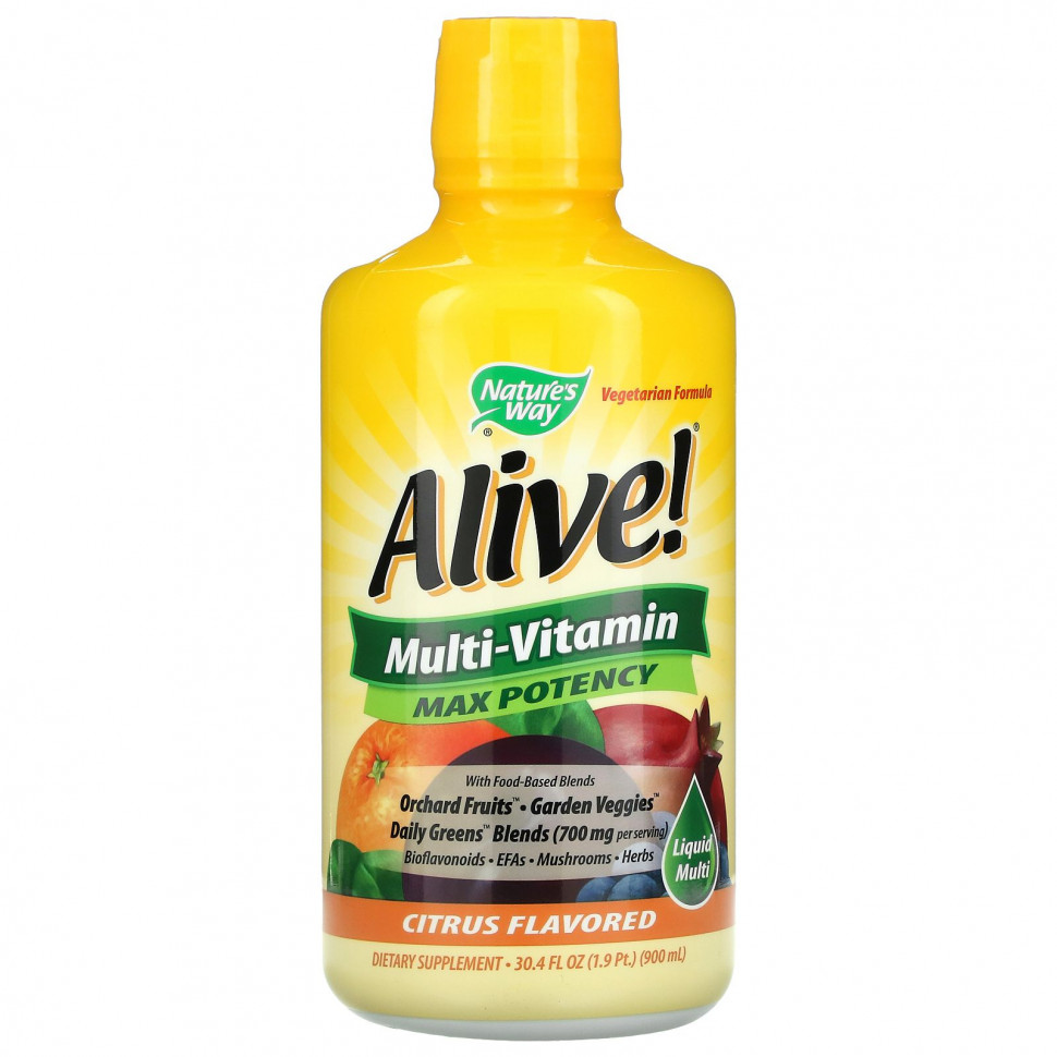 Nature's Way, Alive! Жидкие мультивитамины, максимальная эффективность, цитрусовые, 900 мл (30,4 жидк. Унции) Натурес Вэй NWY-15395