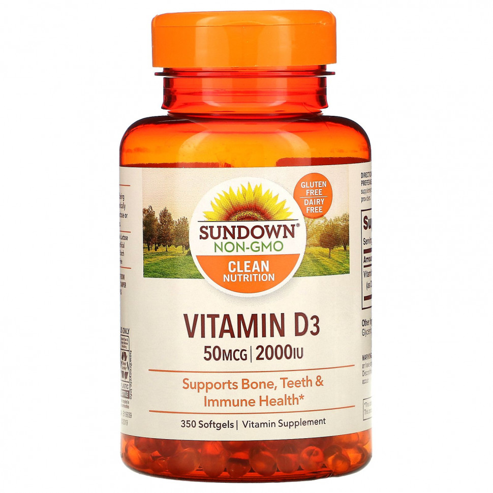 Sundown Naturals, Витамин D3, 50 мкг (2000 МЕ), 350 мягких таблеток Сандаун Нэчуралс SDN-19941