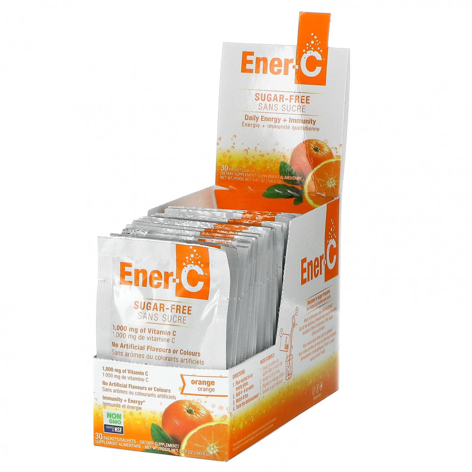 Ener-C, витамин C, смесь для приготовления мультивитаминного напитка со вкусом апельсина, без сахара, 1000 мг, 30 пакетиков, 5,35 г (0,2 унций) в каждом Енер Си ENR-00130
