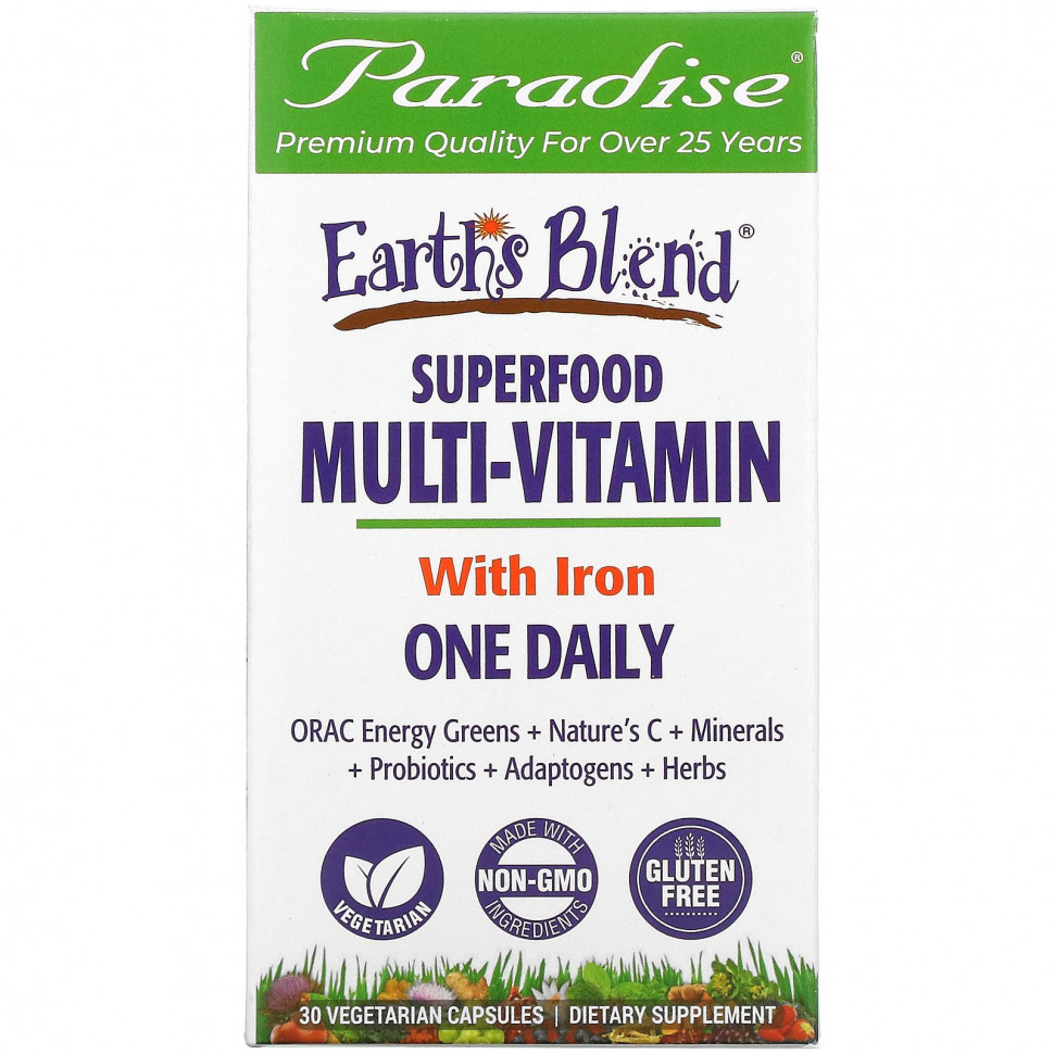 Paradise Herbs, Earth's Blend, комплекс суперфудов и мультивитаминов с железом, для приема один раз в день, 30 вегетарианских капсул Парадайз Хербс PAR-77828