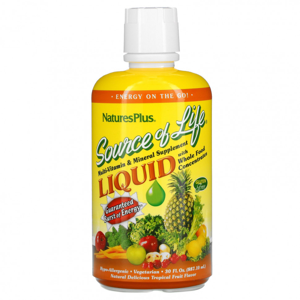 NaturesPlus, Source of Life, жидкая мультивитаминная и минеральная добавка с концентратами цельных продуктов, со вкусом тропических фруктов, 887,10 мл (30 жидк. унций) Натурес Плюс NAP-30601