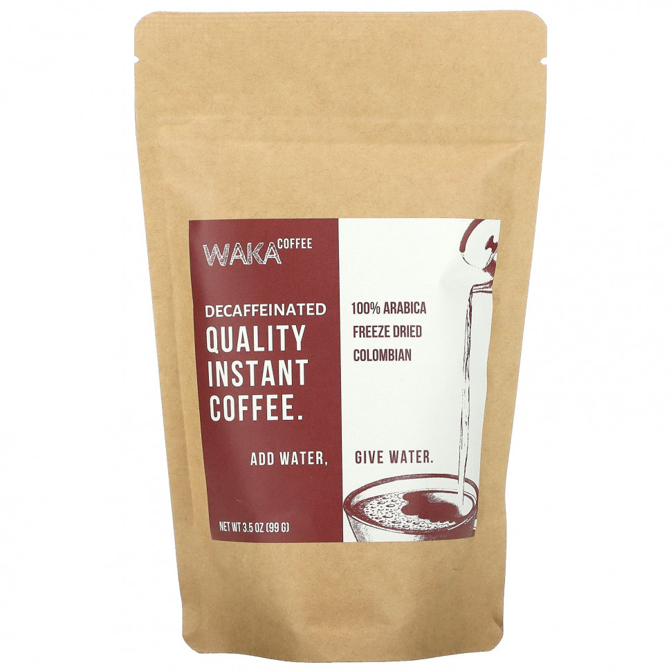Waka Coffee, Растворимый кофе из 100% арабики, сублимированный колумбийский, средней обжарки, без кофеина, 99 г (3,5 унции) WKC-87104