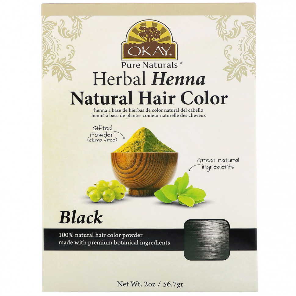 Okay Pure Naturals, Натуральная краска для волос из травяной хны, черный, 56,7 г (2 унции) OKA-01799
