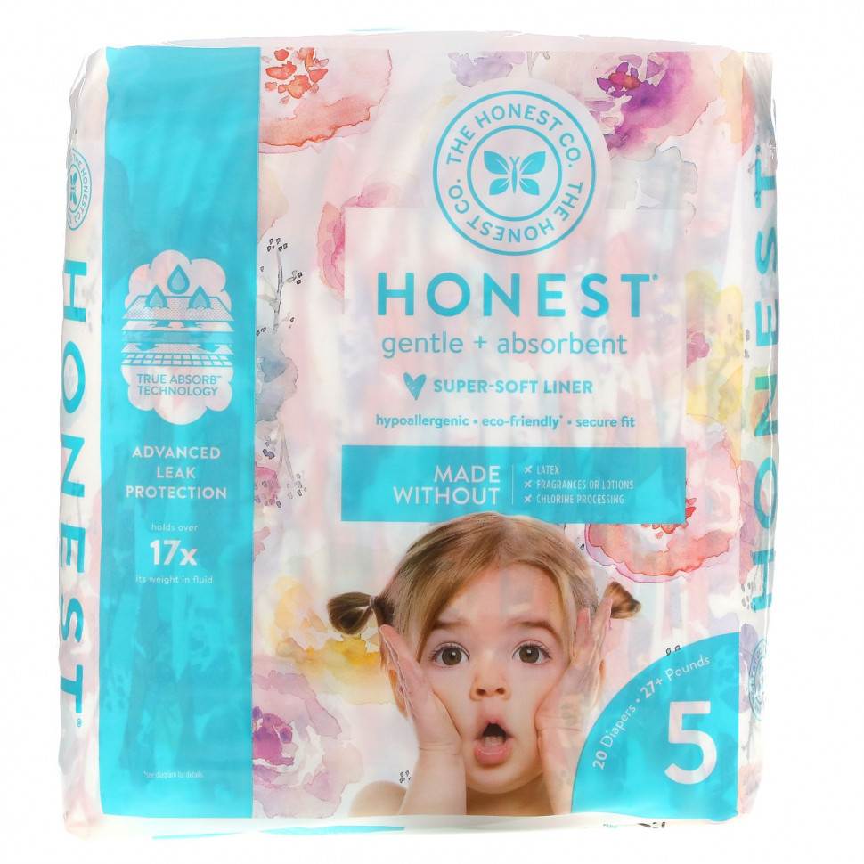 The Honest Company, Honest, подгузники, размер 5, вес более 27 фунтов, цветы розы, 20 подгузников THC-03105