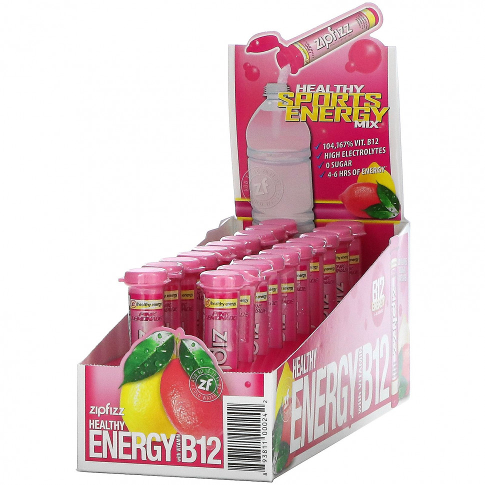 Zipfizz, Энергетическая смесь для здорового спорта с витамином B12, розовый лимонад, 20 тюбиков по 11 г (0,39 унции) ZIP-00024