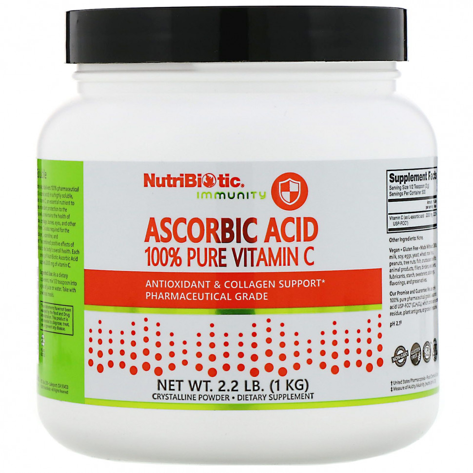 NutriBiotic, Immunity, аскорбиновая кислота, 100% чистый витамин C, кристаллический порошок, 1 кг (2,2 фунта) НутриБиотик NBC-00202