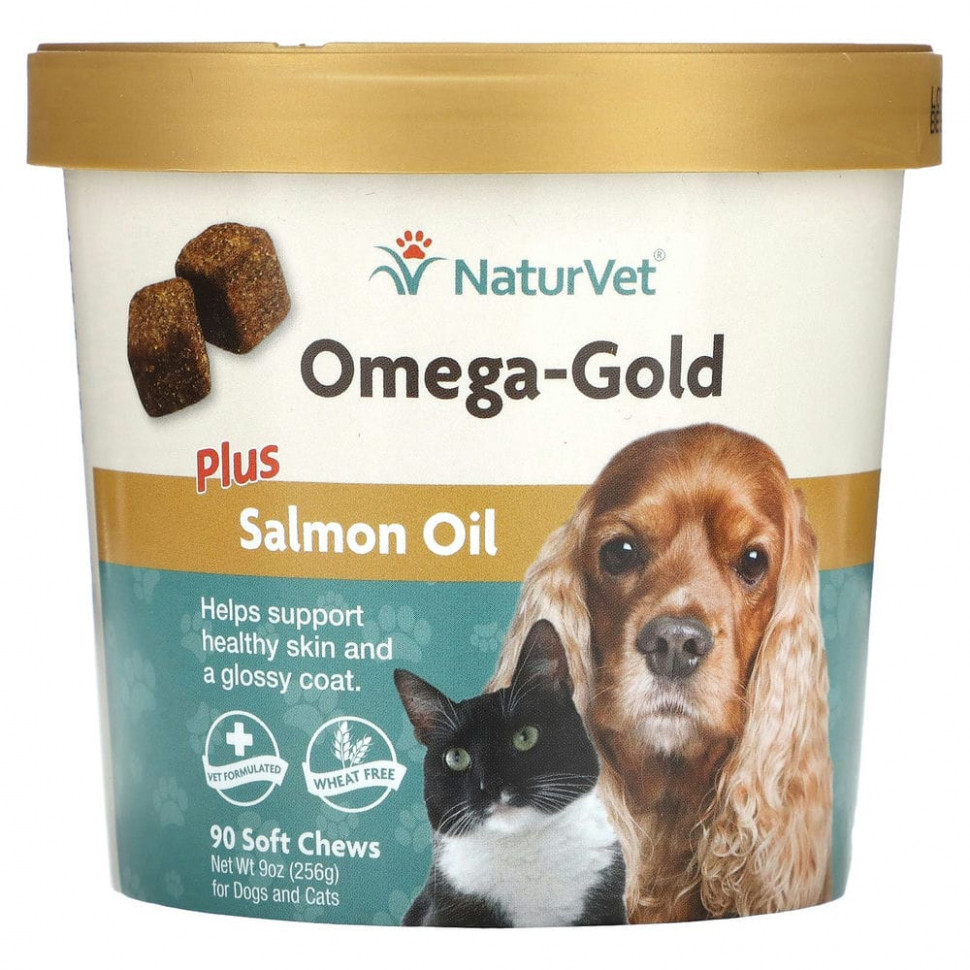 NaturVet, Omega-Gold с жиром лосося, добавка для собак и котов, 90 мягких жевательных таблеток НатурВет VET-03692