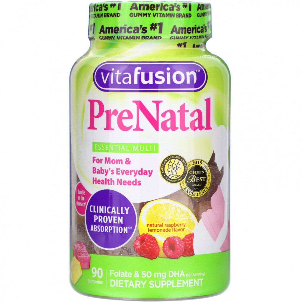 VitaFusion, PreNatal, пренатальная добавка с фолатом и ДГК, с натуральным вкусом малины и лимона, 90 жевательных таблеток ВитаФьюжен VFU-01950