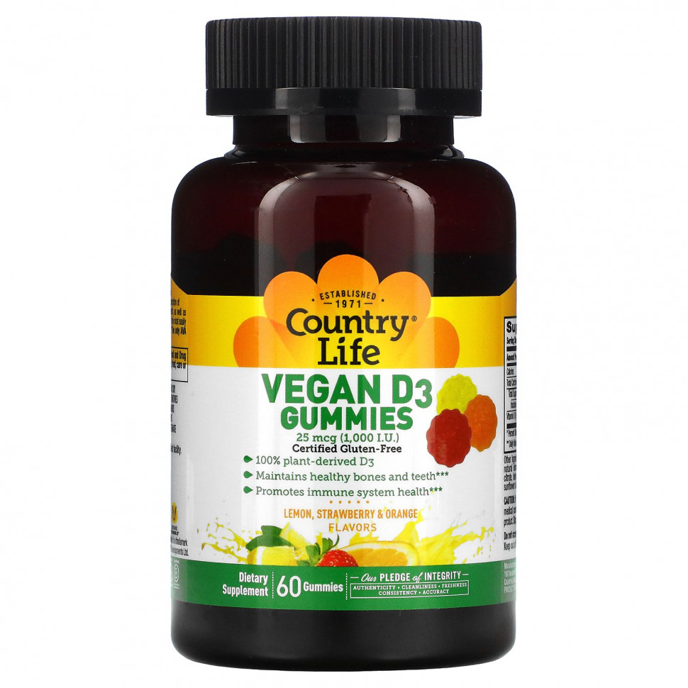 Country Life, Vegan D3 Gummies, Lemon, Strawberry & Orange Flavors, 1000 IU, 60 Gummies Кантри Лайф CLF-05822
