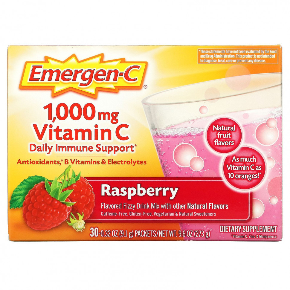 Emergen-C, Витамин С, смесь для газированных напитков со вкусом малины, 1000 мг, 30 пакетиков весом 9,1 г (0,32 унции) каждый Эмерген-С ALA-30201