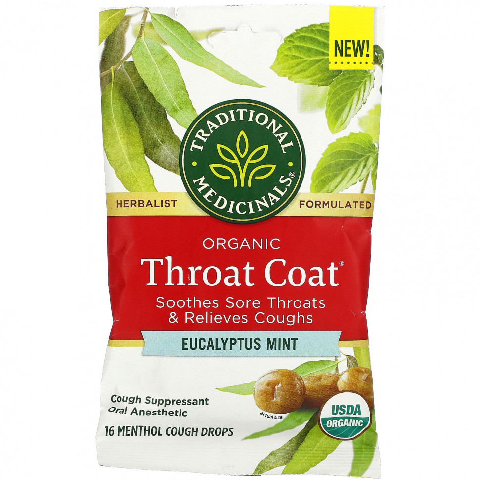 Traditional Medicinals, Organic Throat Coat Drops, эвкалиптовая мята, 16 леденцов от кашля с ментолом Традитионал Медисиналс TRA-00701