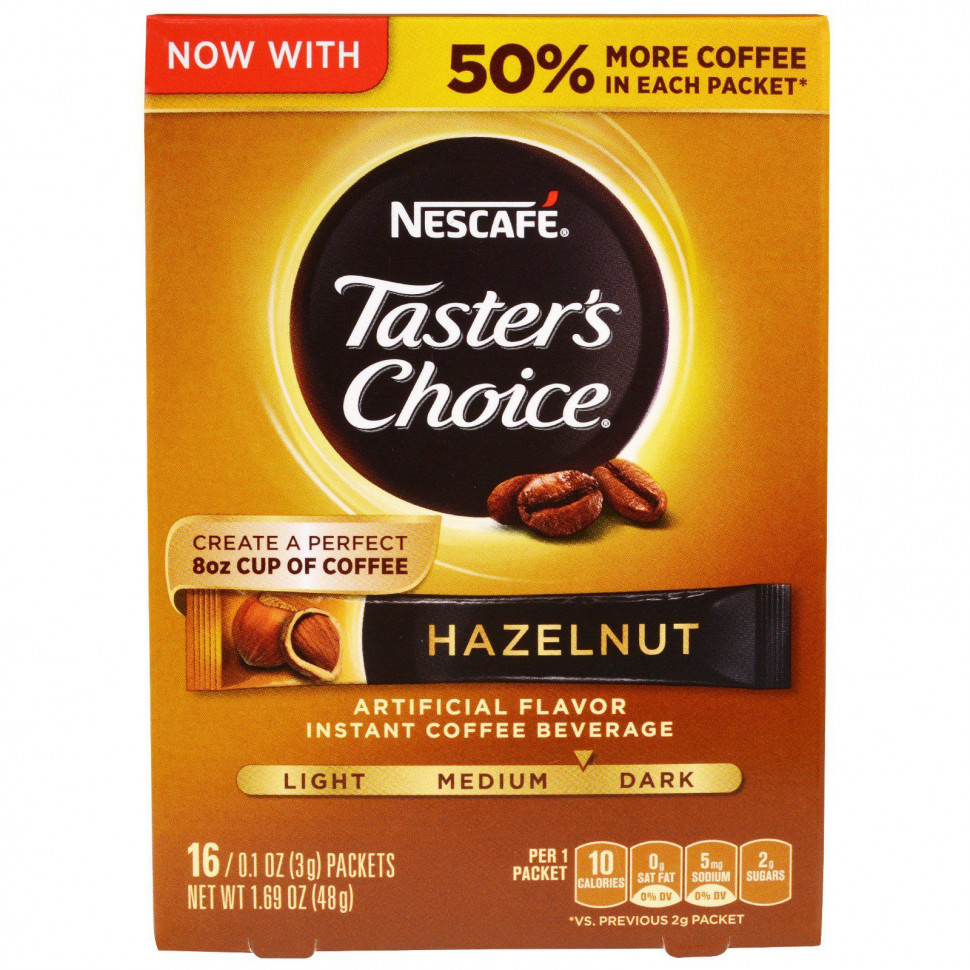 Nescaf?, Taster's Choice, растворимый кофейный напиток, фундук, средней / темной обжарки, 16 пакетиков по 3 г (0,1 унции) Нескафе NCF-70322