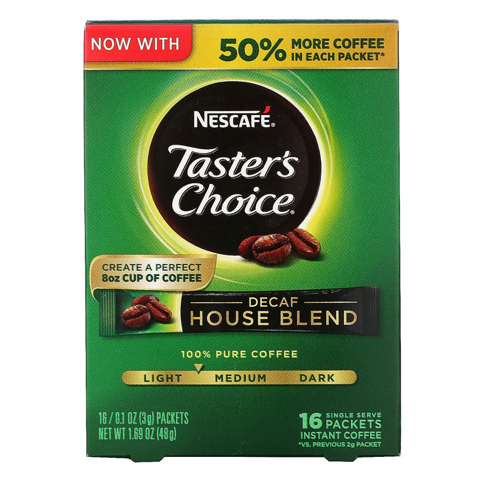 Nescaf?, Taster's Choice, растворимый кофе, домашняя смесь, легкая / средняя обжарка, без кофеина, 16 пакетиков по 3 г (0,1 унции) Нескафе NCF-55137