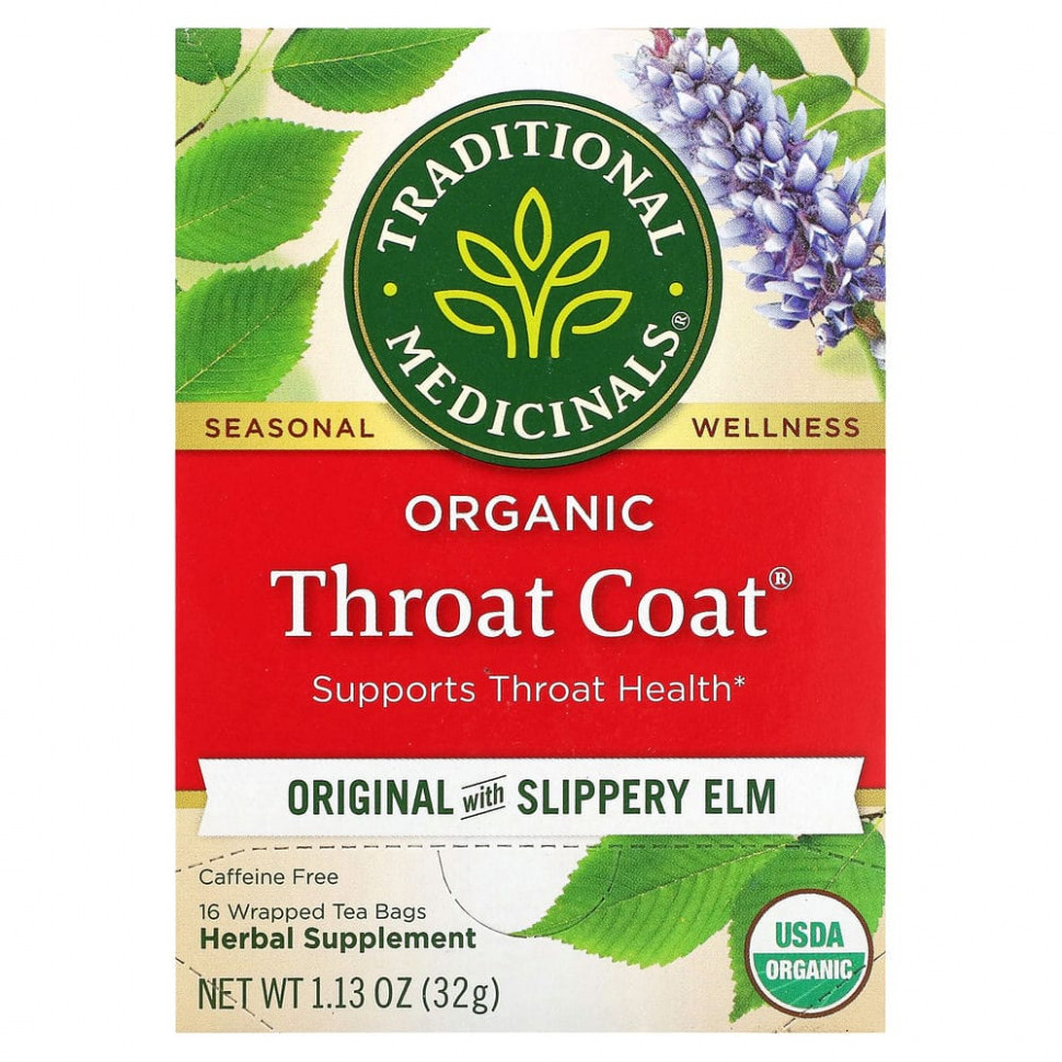 Traditional Medicinals, Throat Coat, органический чай, оригинальный со скользким вязом, без кофеина, 16 чайных пакетиков, 32 г (1,13 унции) Традитионал Медисиналс TRA-00013