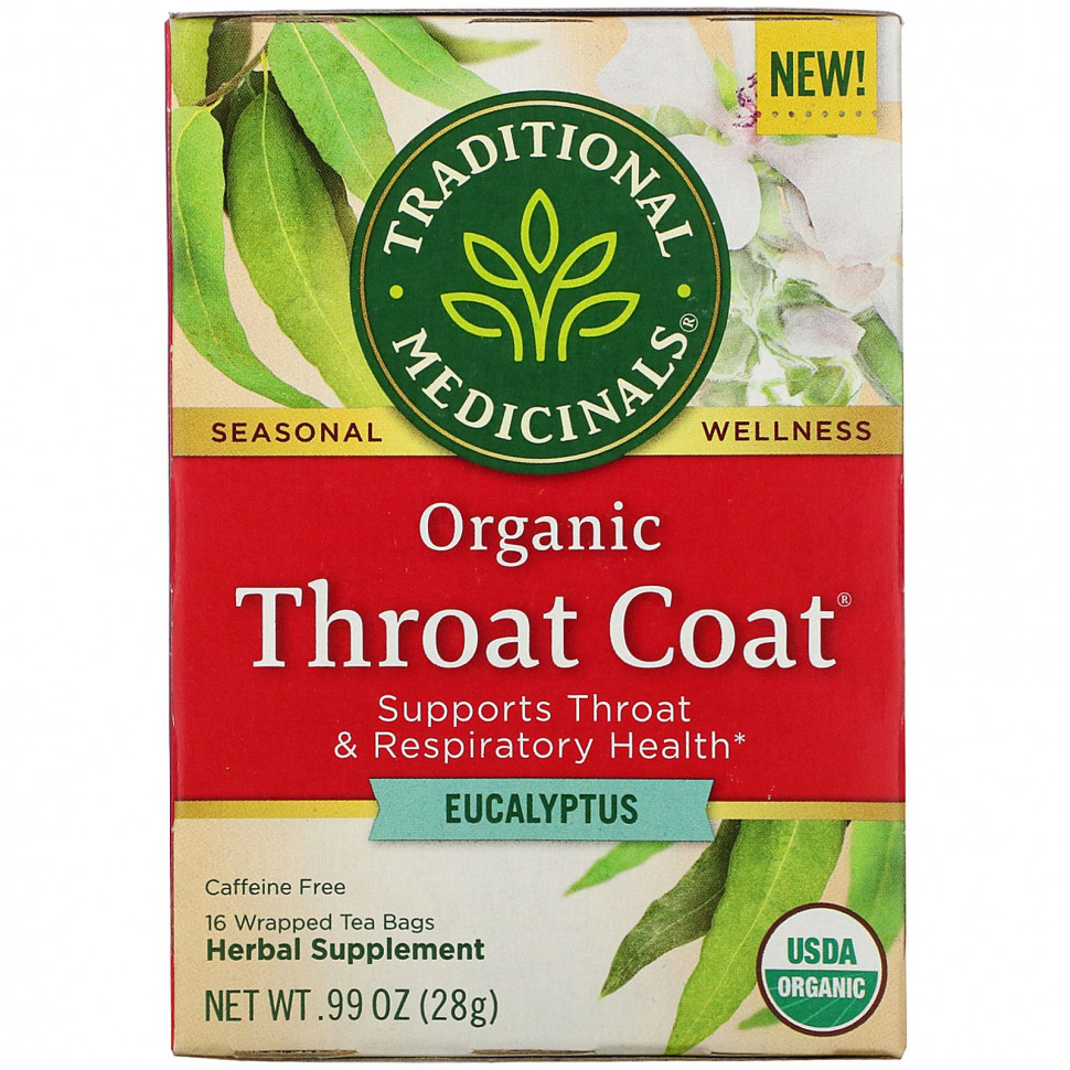 Traditional Medicinals, Organic Throat Coat, эвкалипт, без кофеина, 16 чайных пакетиков в упаковке, 28 г (0,99 унции) Традитионал Медисиналс TRA-00298