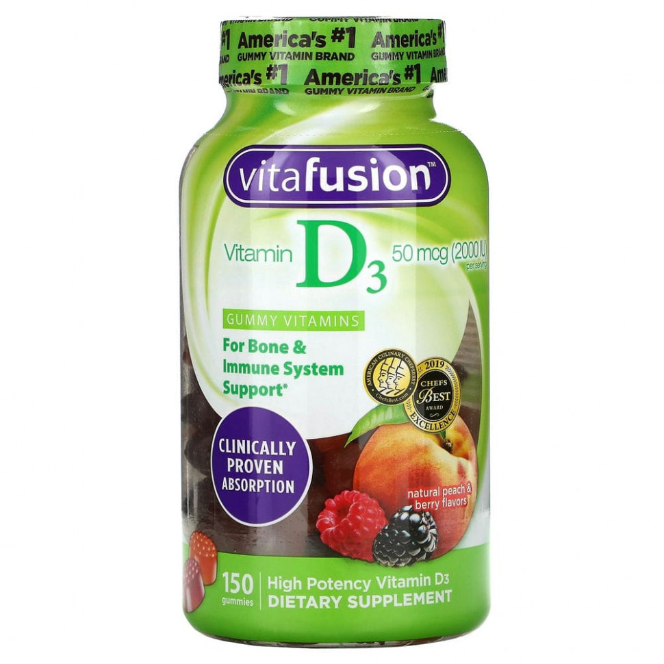 VitaFusion, витамин D3, с натуральным вкусом персика и ягод, 25 мкг (1000 МЕ), 150 жевательных таблеток ВитаФьюжен VFU-02134