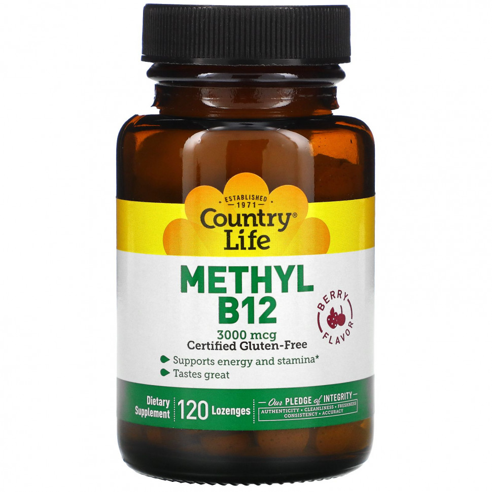 Country Life, Метил B12, ягодный, 3000 мкг, 120 пастилок Кантри Лайф CLF-01649