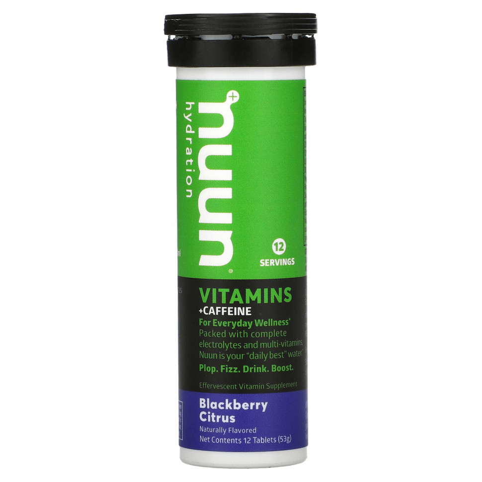 Nuun, Hydration, витамины и кофеин, шипучая витаминная добавка, ежевика и цитрус, 12 таблеток Нуун NUU-02176