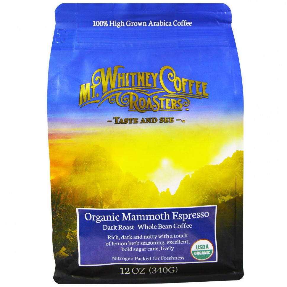 Mt. Whitney Coffee Roasters, Organic Mammoth Espresso, кофе из цельных зерен, темная обжарка, 340 г (12 унций) Мт Уитни Коффее Роастерс MWC-00408