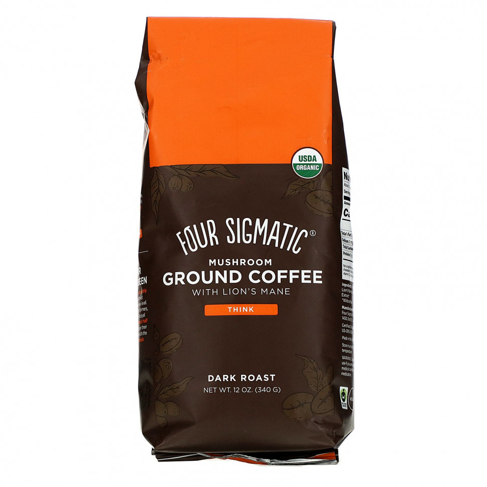 Four Sigmatic, Think, молотый кофе с ежовиком гребенчатым, темная обжарка, 340 г (12 унций) Фор Сигматик FSM-02019