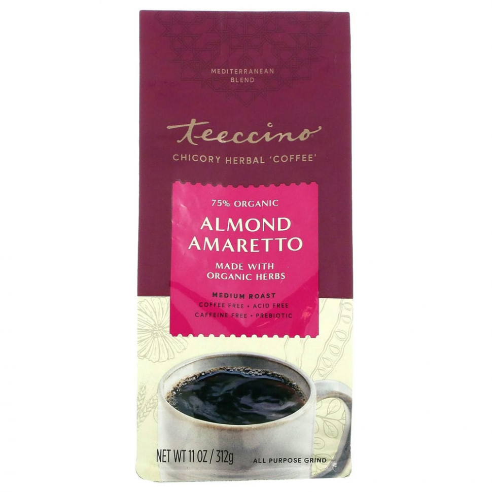 Teeccino, Травяной кофе из цикория, амаретто с миндалем, средней обжарки, без кофеина, 312 г (11 унций) Теессино TEE-80030