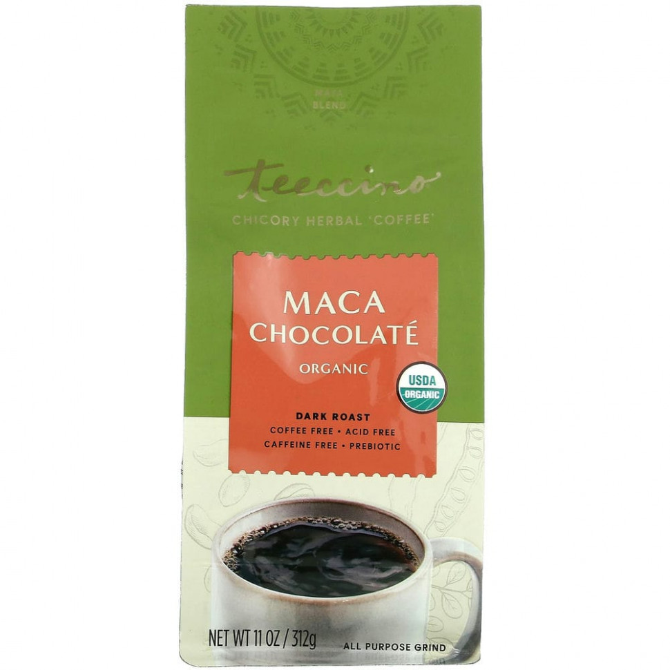 Teeccino, органический травяной кофе из цикория, шоколад и мака, темная обжарка, без кофеина, 312 г (11 унций) Теессино TEE-80130