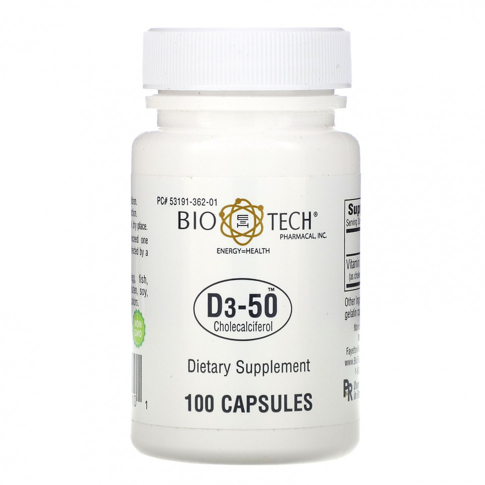 Bio Tech Pharmacal, D3-50, холекальциферол, 100 капсул Био Тех Фармакал BTP-10110