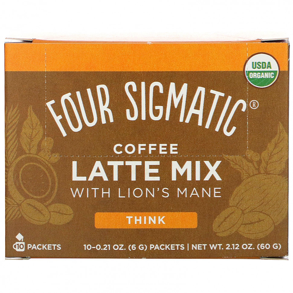 Four Sigmatic, Think, смесь кофе латте с ежовиком гребенчатым, 10 пакетиков по 6 г (0,21 унции) Фор Сигматик FSM-02149