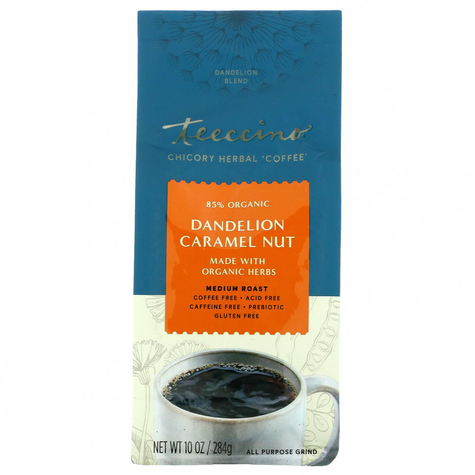 Teeccino, травяной кофе из цикория, средней прожарки, с одуванчиком, с карамельно-ореховым вкусом, без кофеина, 284 г (10 унций) Теессино TEE-83220