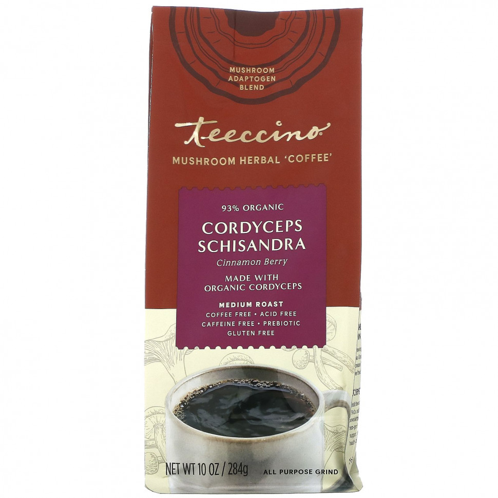 Teeccino, Кофе с грибами и травами, кордицепс и лимонник, ягоды корицы, средней обжарки, без кофеина, 284 г (10 унций) Теессино TEE-85040