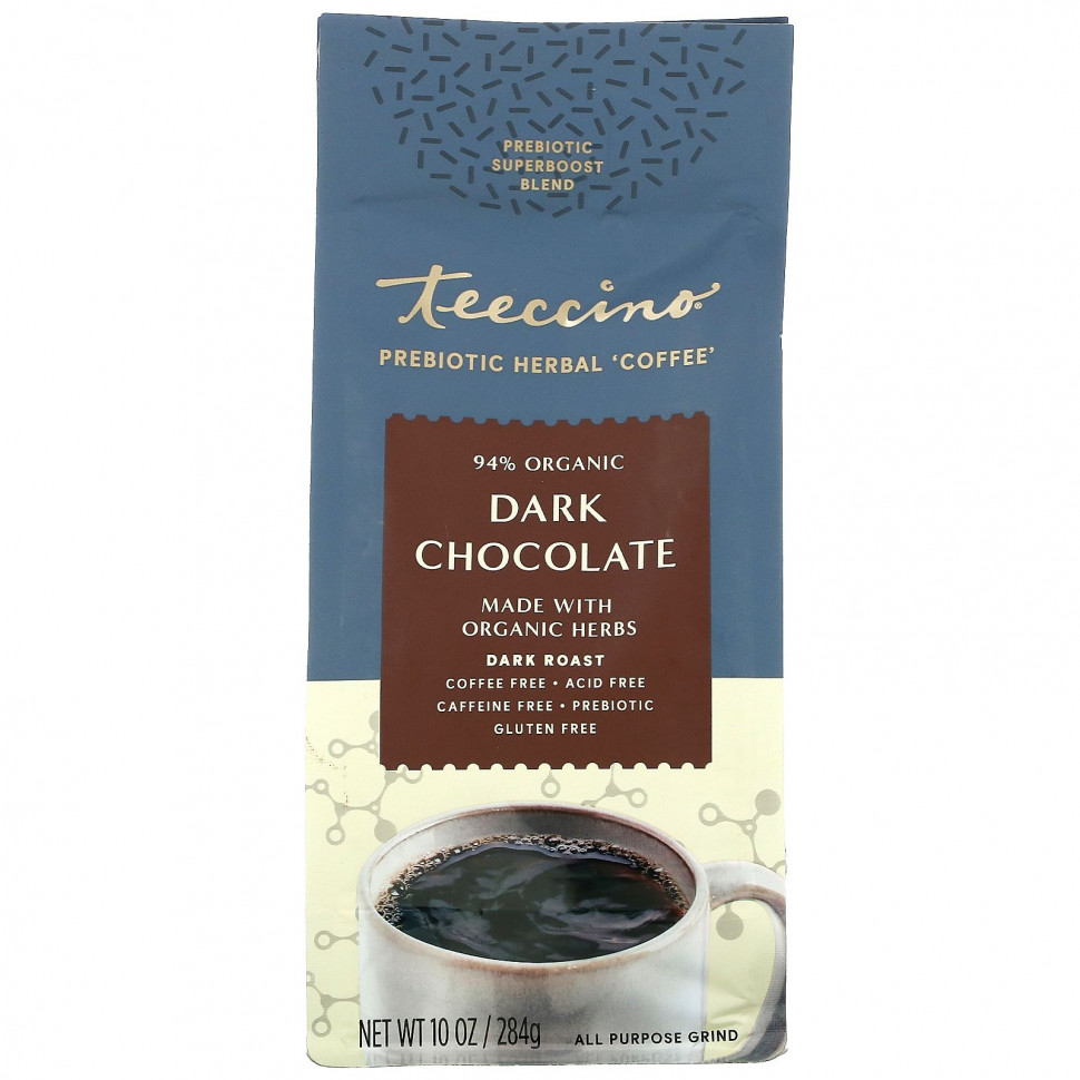 Teeccino, Prebiotic Herbal Coffee, Dark Roast, Caffeine Free, Dark Chocolate, 10 oz (284 g) Теессино TEE-86010