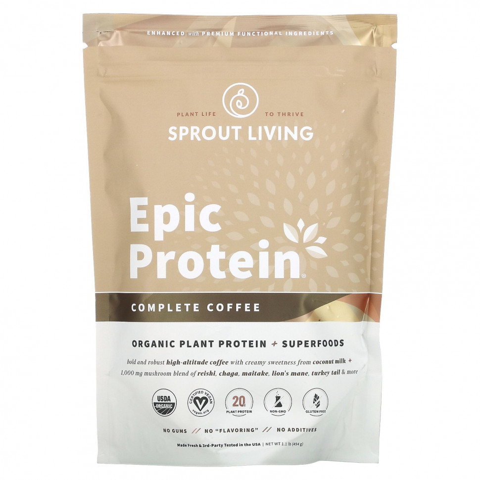 Sprout Living, Epic Protein, органический растительный протеин и суперфуды, оригинальный кофе, 494 г (1,1 фунта) Спроут Ливинг SPL-00776