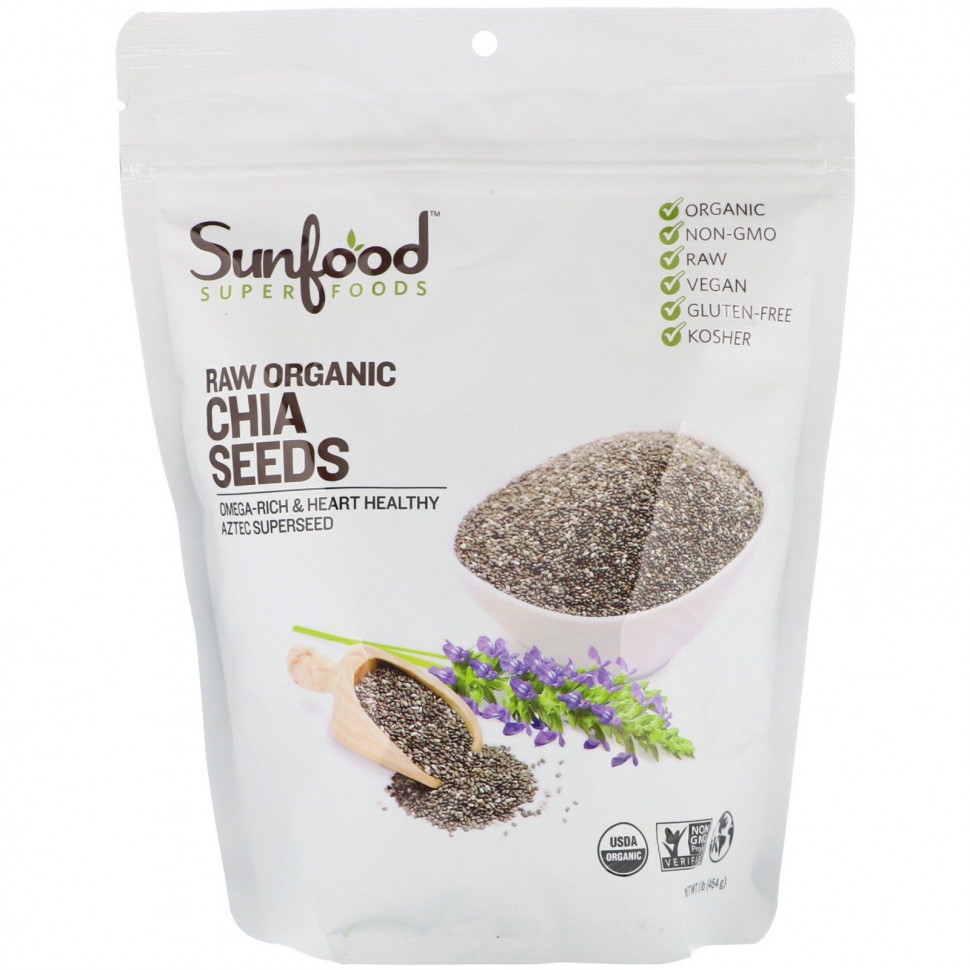 Sunfood, Необработанные органические семена чиа, 454 г (1 фунт) Санфуд SFD-10021