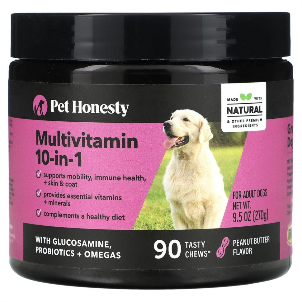 Pet Honesty, Мультивитамины 10 в 1, для взрослых собак, арахисовая паста, 90 вкусных жевательных таблеток, 270 г (9,5 унции) PEH-52440