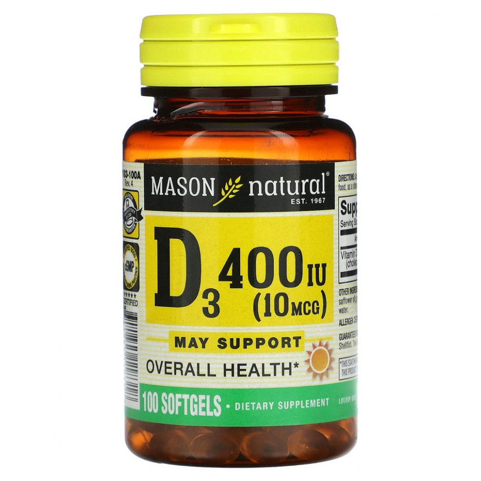 Mason Natural, Витамин D3, 10 мкг (400 МЕ), 100 мягких таблеток Масон Натуралс MAV-11831