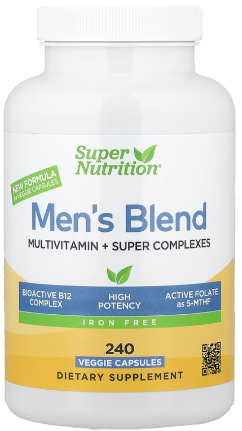 Super Nutrition, мультивитамины для мужчин, с суперадаптогенами, зеленью, специями и витамином A, без железа, 240 растительных капсул SPN-02394