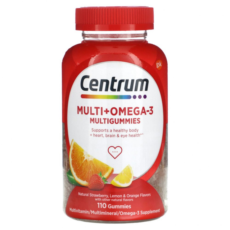 Centrum, Multigummies + Omega-3, натуральная клубника, лимон и апельсин, 110 жевательных таблеток CEM-28432