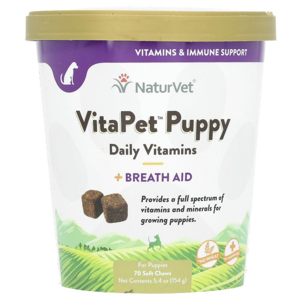 NaturVet, VitaPet Puppy, ежедневные витамины и помощь при дыхании, для щенков, 70 жевательных таблеток, 154 г (5,4 унции) VET-03686