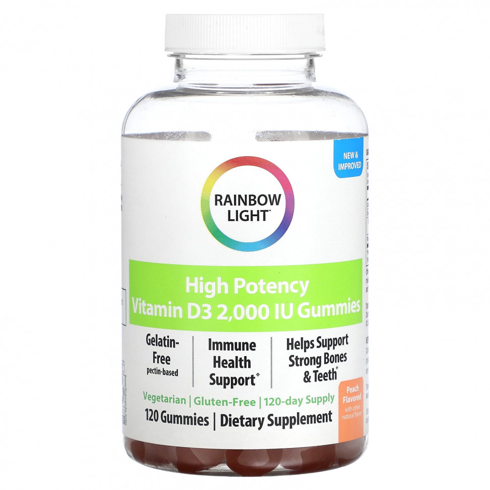 Rainbow Light, Высокоэффективный витамин D3, персик, 2000 МЕ, 120 жевательных таблеток RLT-20439