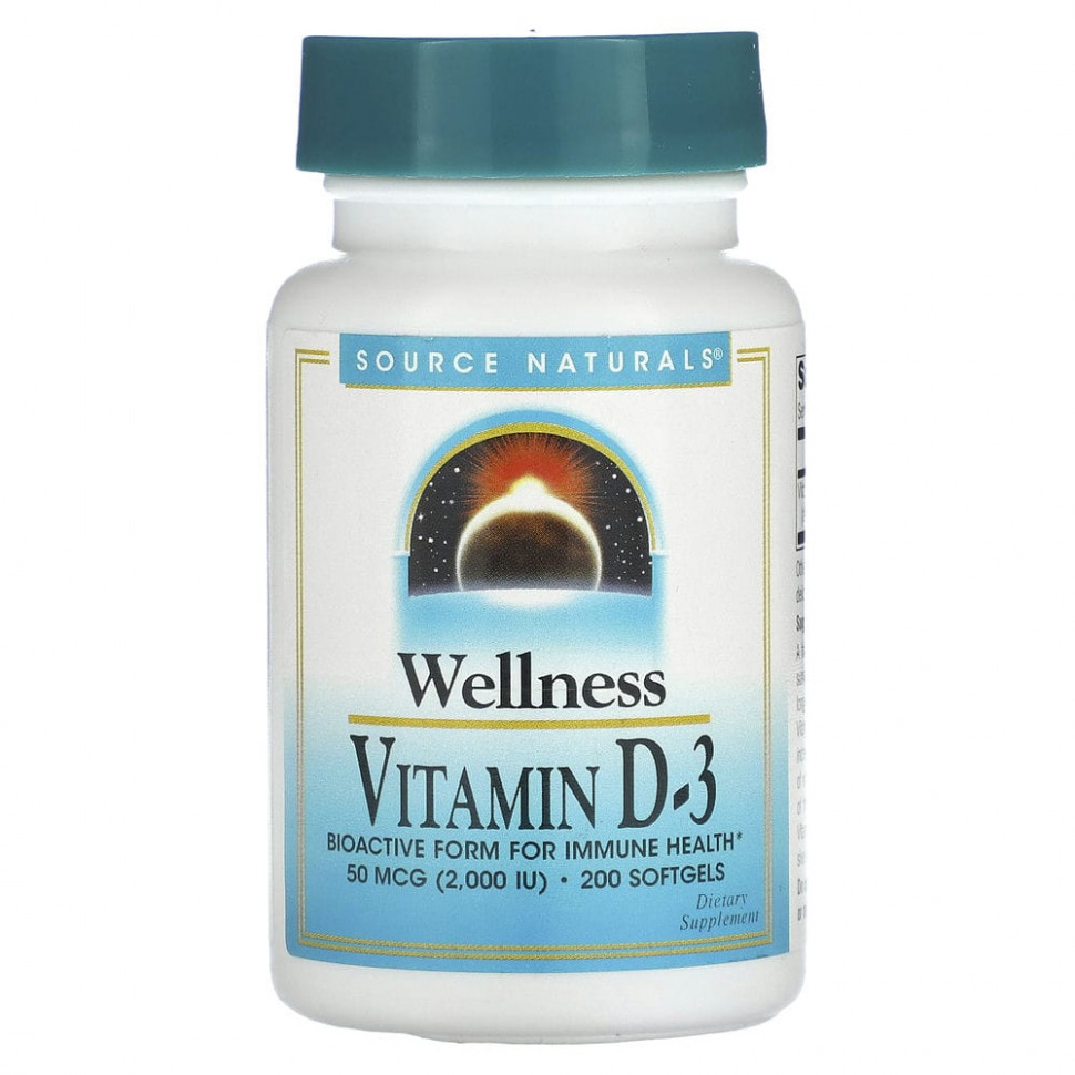 Source Naturals, Wellness, витамин D3, 50 мкг (2000 МЕ), 200 мягких таблеток SNS-02373