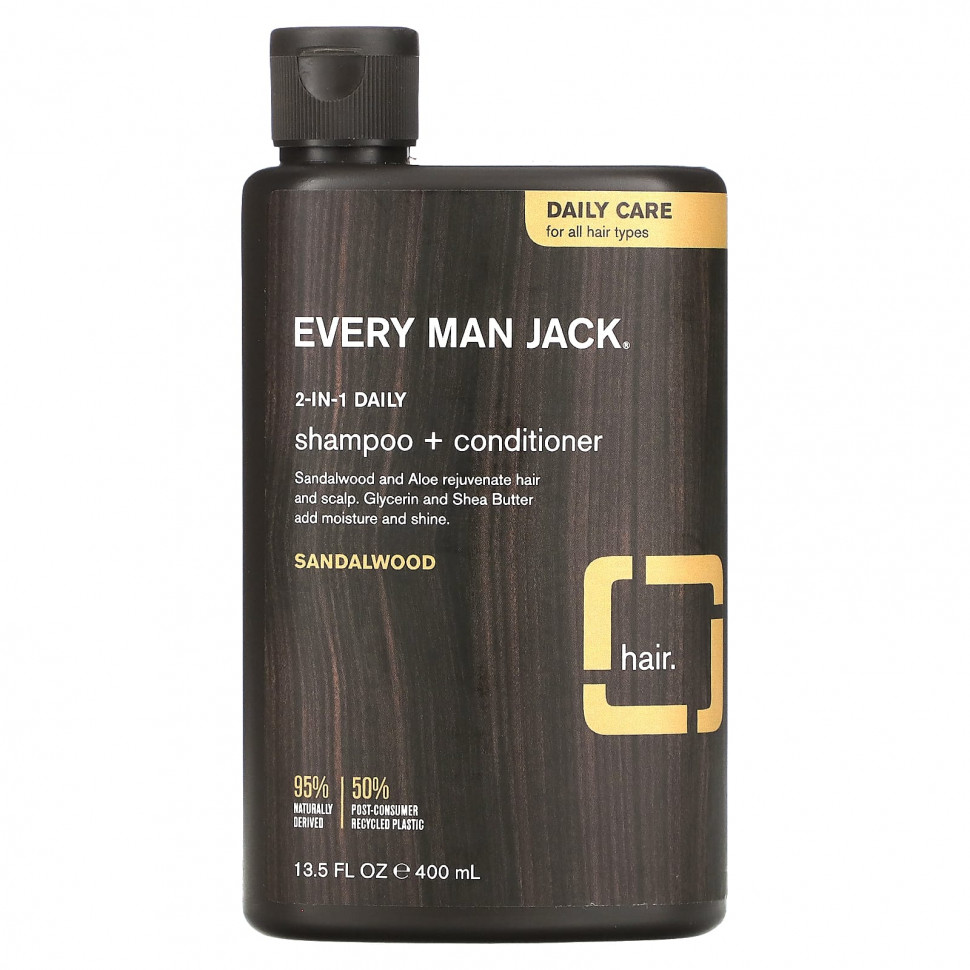 Every Man Jack, Ежедневный шампунь и кондиционер 2-в-1, для всех типов волос, сандаловое дерево, 400 мл (13,5 жидк. Унции) EMJ-00115