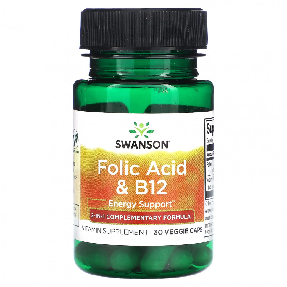 Swanson, Фолиевая кислота и витамин B12, 30 растительных капсул SWV-02670