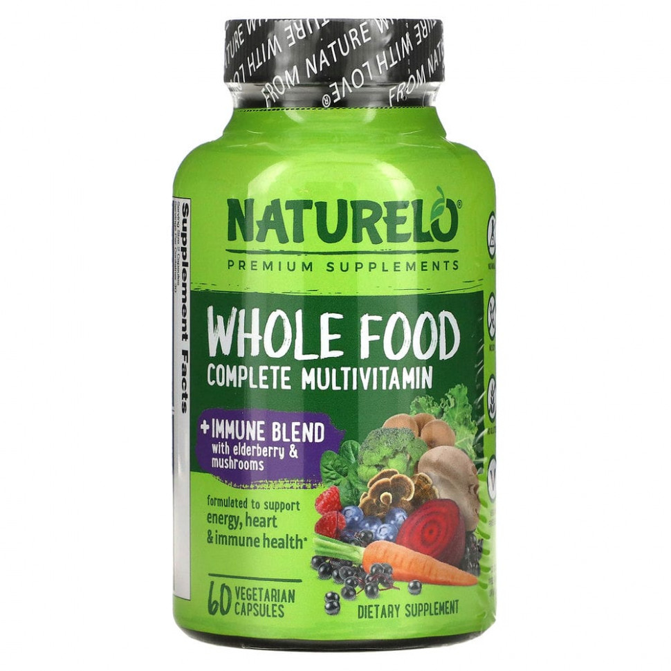 NATURELO, Мультивитаминный комплекс из цельных продуктов и смесь для иммунитета, 60 вегетарианских капсул НАТУРЕЛО NAU-62869