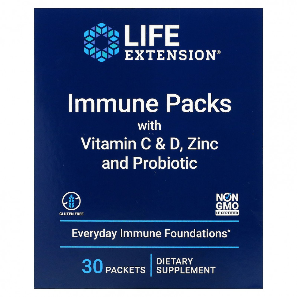 Life Extension, Иммунные пакеты с витаминами C и D, цинком и пробиотиком, 30 пакетиков Лайф Экстэншн LEX-24253