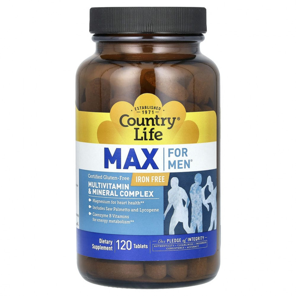 Country Life, Max for Men, комплекс мультивитаминов и микроэлементов для мужчин, не содержит железа, 120 таблеток Кантри Лайф CLF-08136